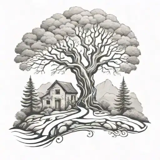 Mythical Tree Of Life Surrounded Stone House Leading Stone Road To Hills