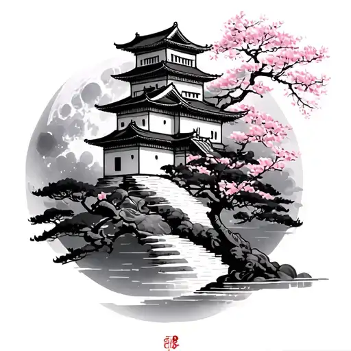 Samurai Japanese Castle Moon Cherry Blossom Tree
