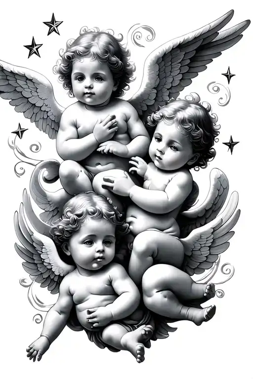 Three Cherub Baby Angels Flying With Stars And Swirls