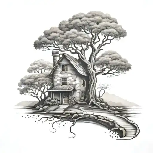 Tree Of Life Surrounded Stone House Leading Stone Road To Hills