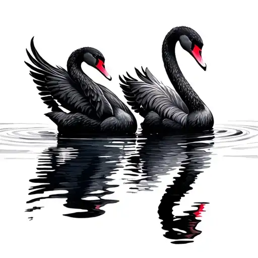 Two Black Swans Facing Each Other Swimming Gently With Colour Accents On Wing Feathers