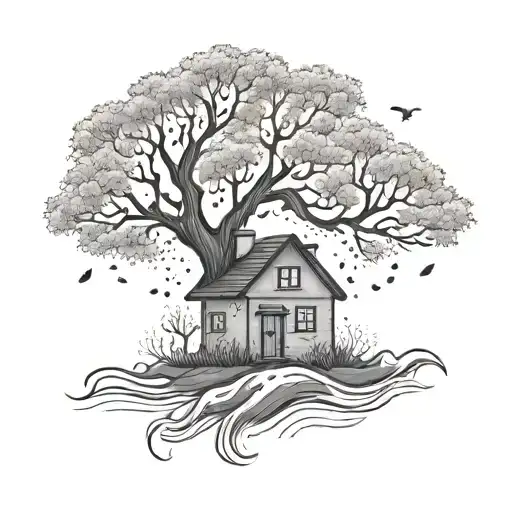 Tree Of Life Rain Falling Small House