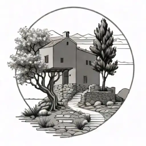 Greece Tree Of Life Surrounded Stone House Leading Stone Road To Hills