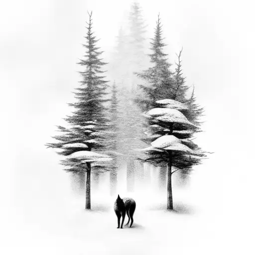 A Black-grey Tattoo Of A Serene Forest Landscape With A Wolf Hidden Among The Trees