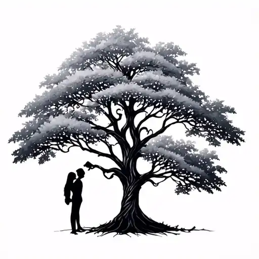 Small And Simple Couples Tattoo Design Featuring Oak Tree Growing