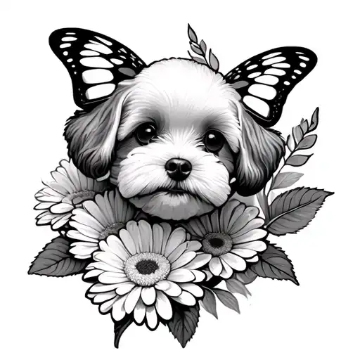 Flying Butterfly With Chrysanthemum Flowers Mini Poodle Head