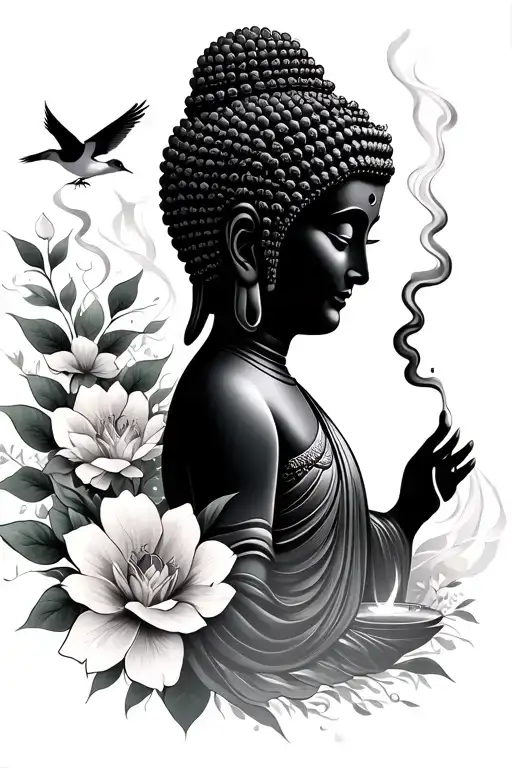 A Female Buddha Side Profile Surrounded By Flowers And Birds Smoking An Incense