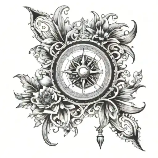 An Intricate Black And Grey Floral Pattern Wrapping Around A Compass