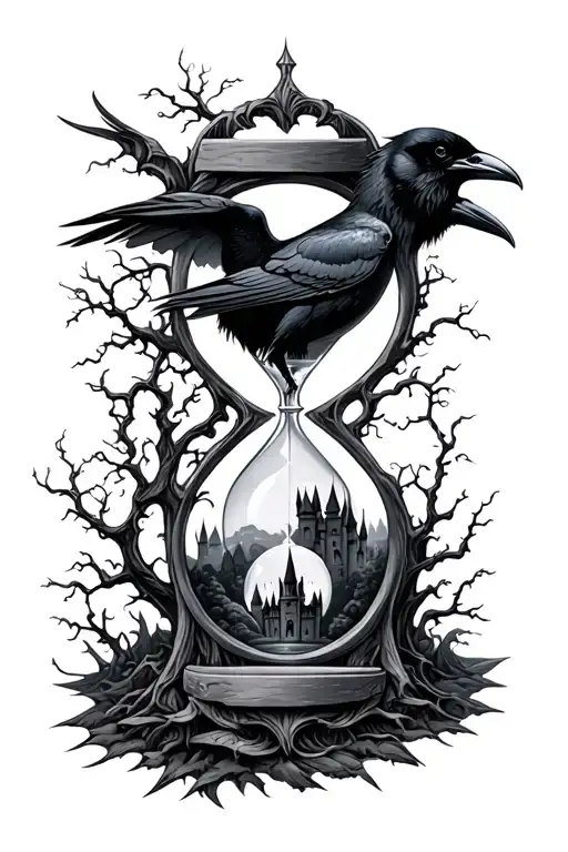 Hourglass And Raven And Castle And Tree