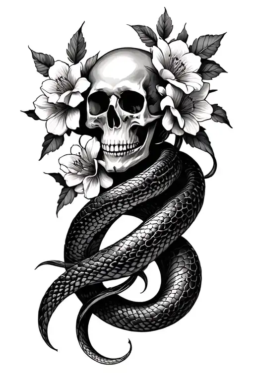 Skulls And Flowers Intertwined With A Snake Wrapped
