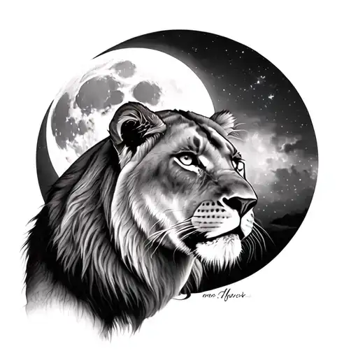 Realistic Lioness With Moon