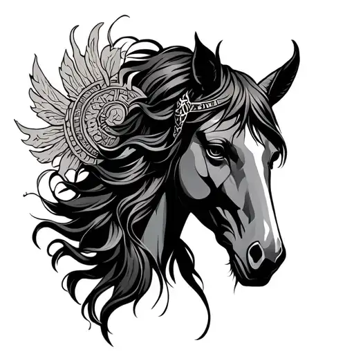 Aries Goddess With A Magestic Horse Head Surrounded