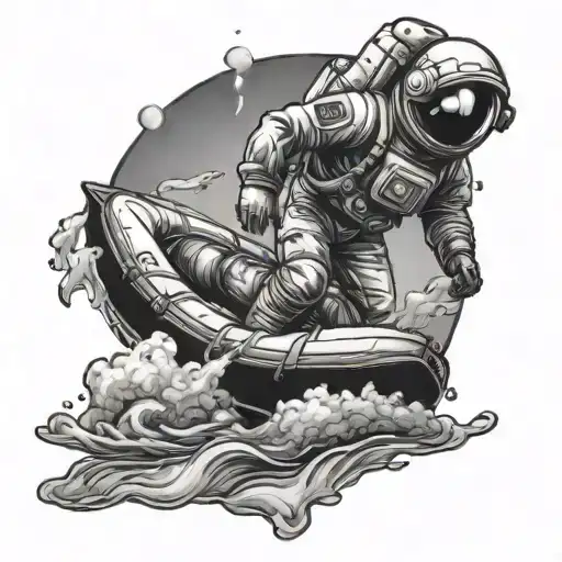 Astronaut Riding A River Raft Floating Down A River