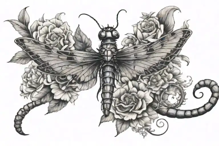 Dragonfly And Seahorse With Flowers
