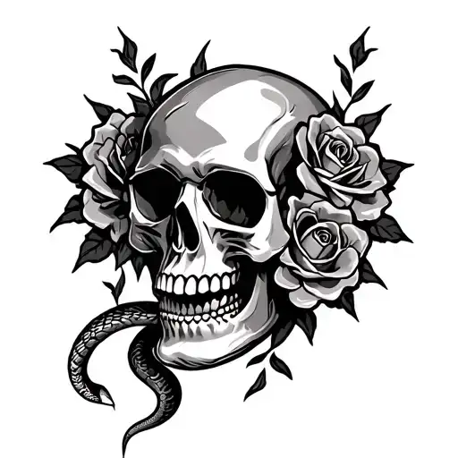 Skull With Roses And A Snake With Lightning Storm