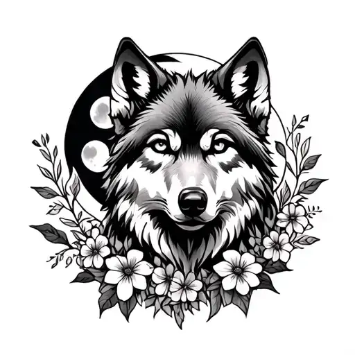 Wolf Head Tattoo With Flowers Around It Infront Of A Full Moon