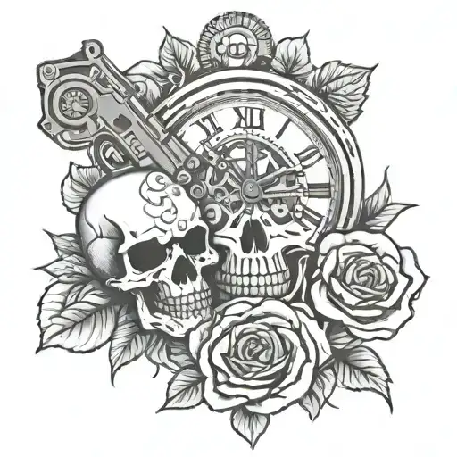 Skull Clock Rose Gun Motorcycle