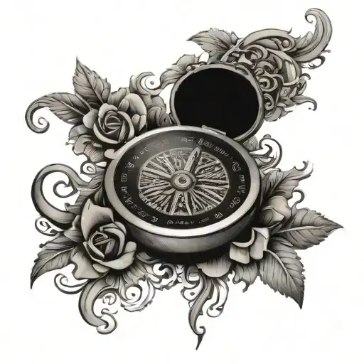 An Intricate Black And Grey Floral Pattern Wrapping Around A Compass