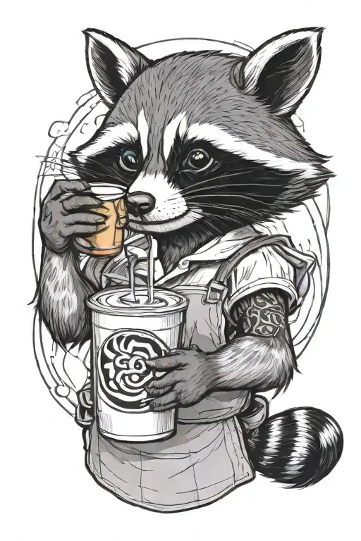 Female Raccoon Wearing A Baking Apron And Holding An Iced Coffee