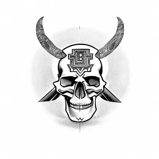 A Black And Grey Aztec Skull Surrounded By Symbolic Aztec Elements