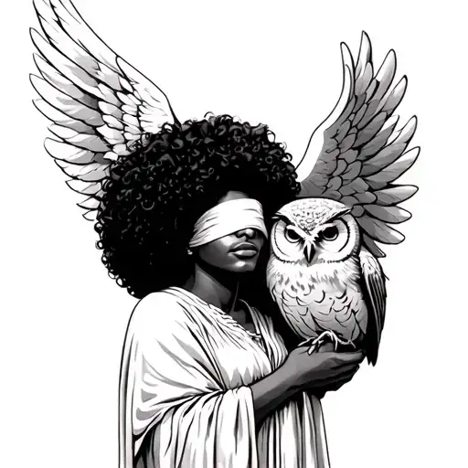 Image Of A Black Afro Centric Angel Holding The Head Of A Blindfolded Owl