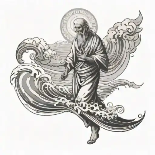 An Intricate Black And Grey Design Of A Religious Figure Walking On A Beach With Waves