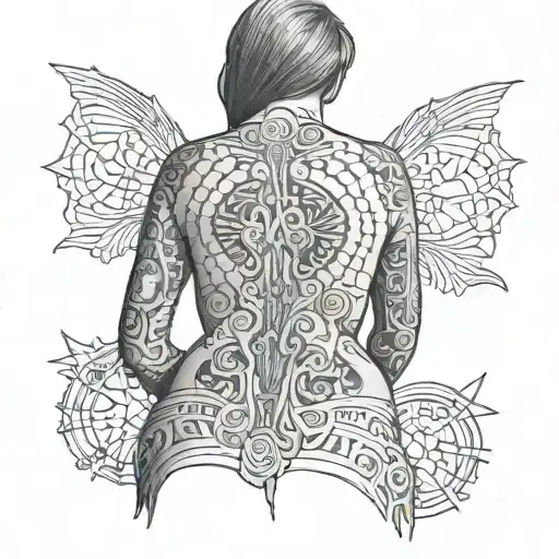 A Black And Grey Portrait Of A Woman's Backside With Intricate Drum Patterns Intertwined