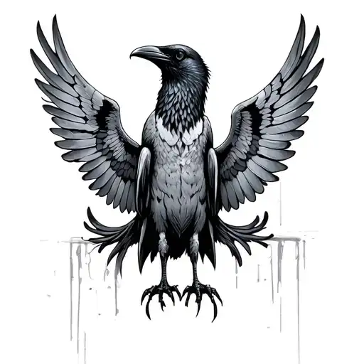 Crow With Wings Spread And Decomposed Full Kneck Tattoo Facing Towards You