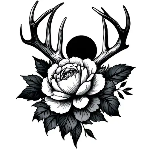 Western Style One Deer Antler With Peonies Flower