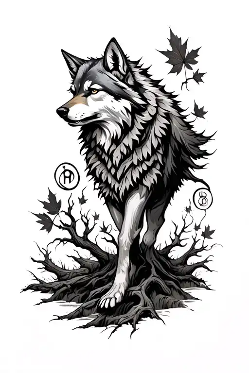 Wolf Running Willow Tree Viking Runes Feathers Maple Leaves