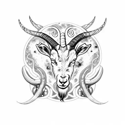 A Black And Grey Tattoo Of A Capricorn Goat Surrounded By Swirling Galaxies