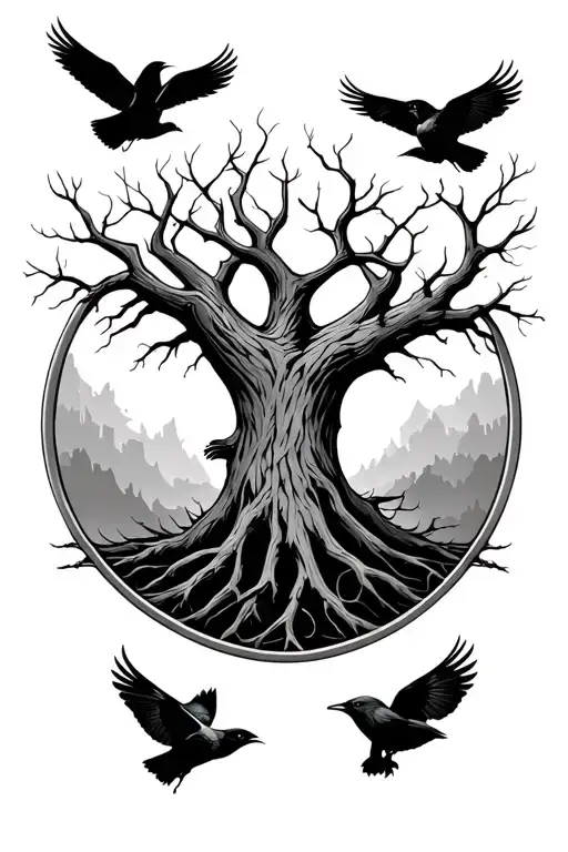 Dead Tree Of Life Crows Flying Opposite Directions