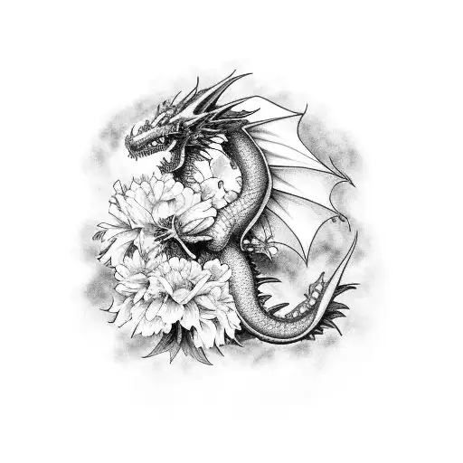 A Black And Grey Dragon Surrounded By Blooming Marigolds