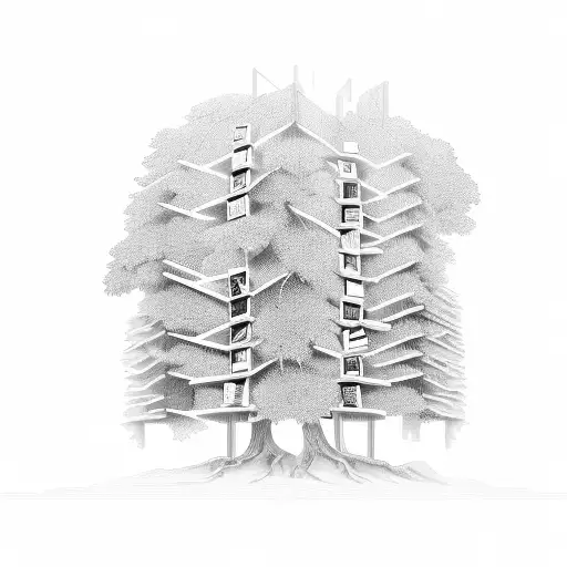 A Library Shelf With Books Of Different Sizes And Shapes Forming A Tree