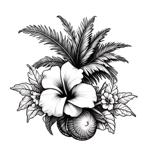 Hawaiin Palm Tree And Hibiscus Flowers Tropical And Sea Shells