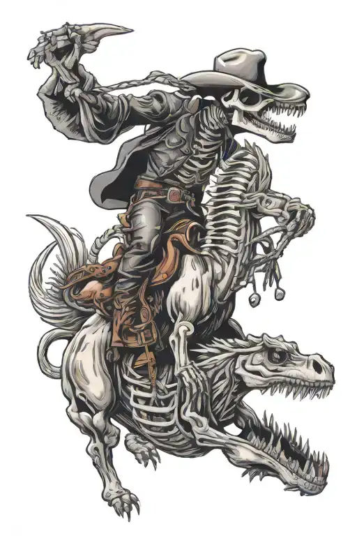 Skeleton Cowboy Riding A Skeleton Horse Lassoing A Skeleton Alligator