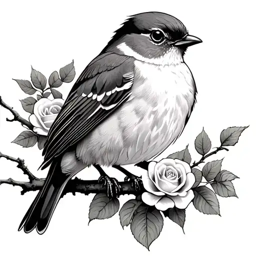 Robin On Branch Surrounded By Roses