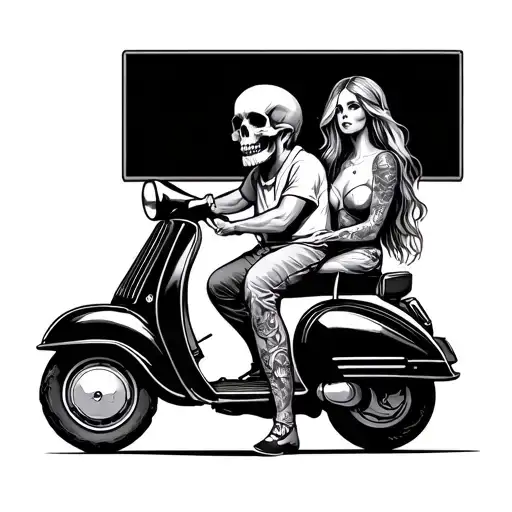 Old Man Skull On A Old Vespa Scooter With His Skinny Wife