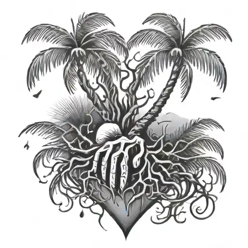 Palms Holding Tree With Roots Heart Rain And Hammer