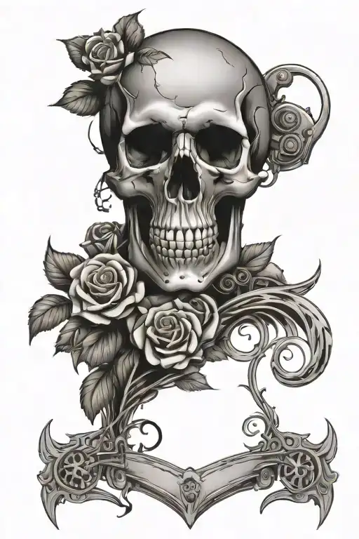 Skull Native Austalian Flowers Pistons And Roses Surrounding