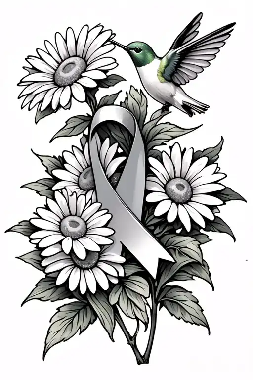 Daisies With Cancer Ribbon And Hummingbird Flying