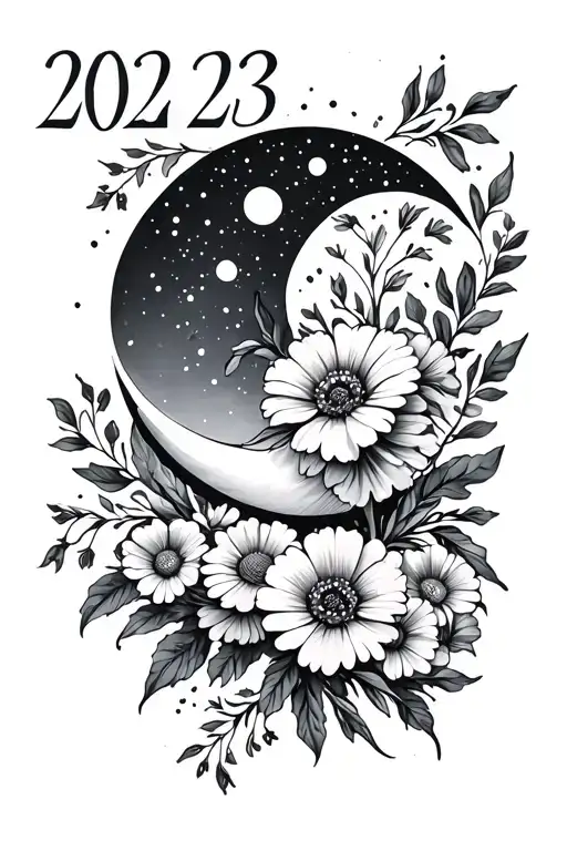 Waning Crescent Moon With Cosmo Flowers And Marigold Flowers And The Year 2023 In Roman Numerals