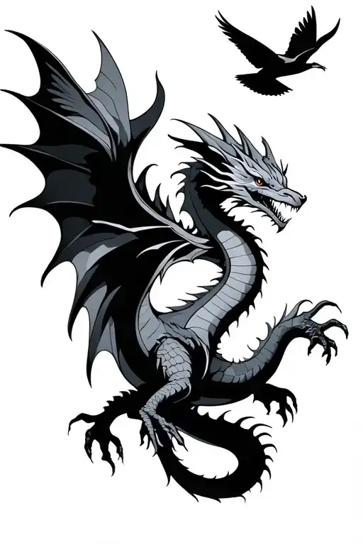 Dragon And Birds Flying