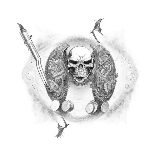 A Captivating Black-grey Tattoo Showcasing A Powerful Engine With Money Flying Around It