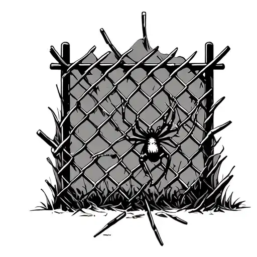 Broken Chain Link Fence With Spider Crawling