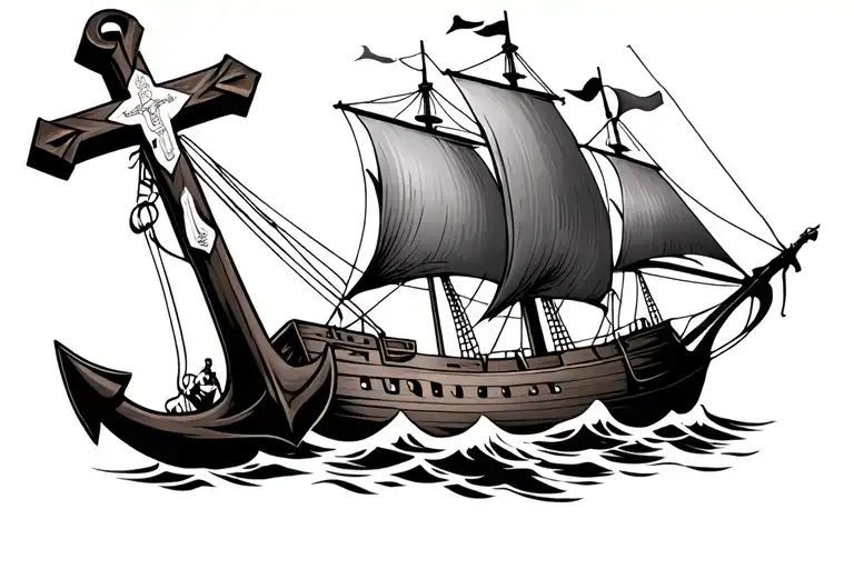 Sailing Ship With Crucifix As The Anchor