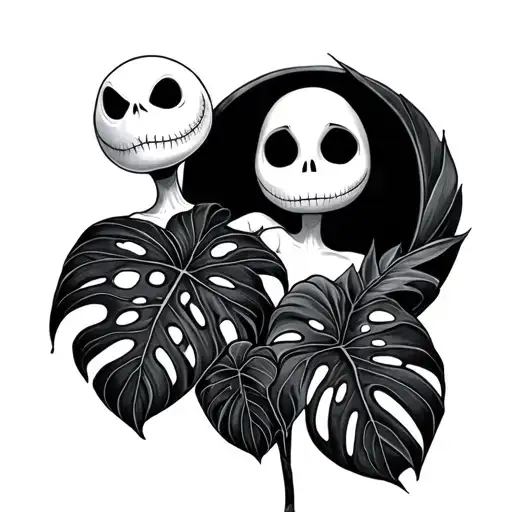 Jack Skellington Sally Skellington And Monstera Plant