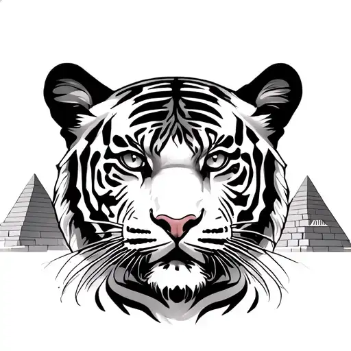 Black & White Tiger Face With Colured Eyes With Pyramids And Egyptian Gods