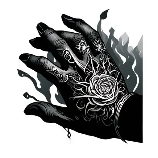A Gothic Style Hand Tattoo That Moves Along The Back Of A Hand Moving Onto Fingers