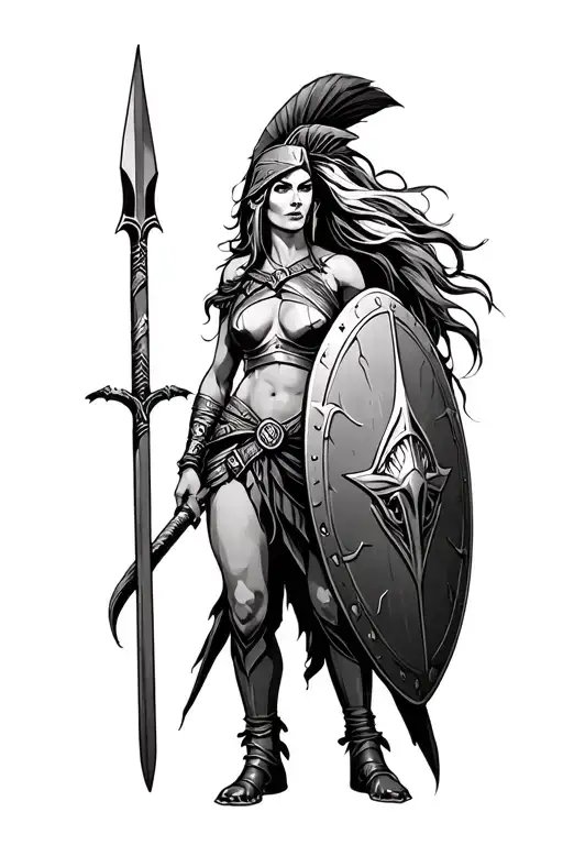 Ares As A Female Spartan With Spear And Shield Adorned